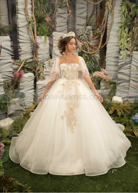 Gold Lace Ivory Tulle Floor Length Flower Girl Dress Gold Lace Ivory Tulle Floor Length Flower Girl Dress